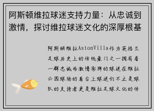 阿斯顿维拉球迷支持力量：从忠诚到激情，探讨维拉球迷文化的深厚根基