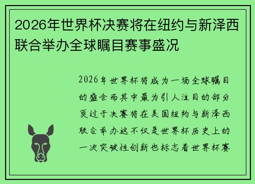 2026年世界杯决赛将在纽约与新泽西联合举办全球瞩目赛事盛况