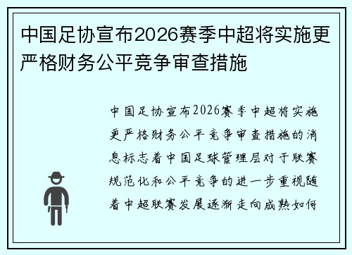 中国足协宣布2026赛季中超将实施更严格财务公平竞争审查措施