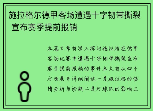 施拉格尔德甲客场遭遇十字韧带撕裂 宣布赛季提前报销